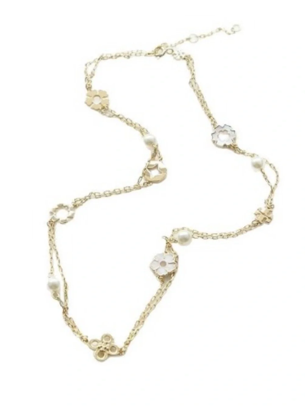 Tory Burch Gold Tone Multi-Station Floral & Pearl Necklace